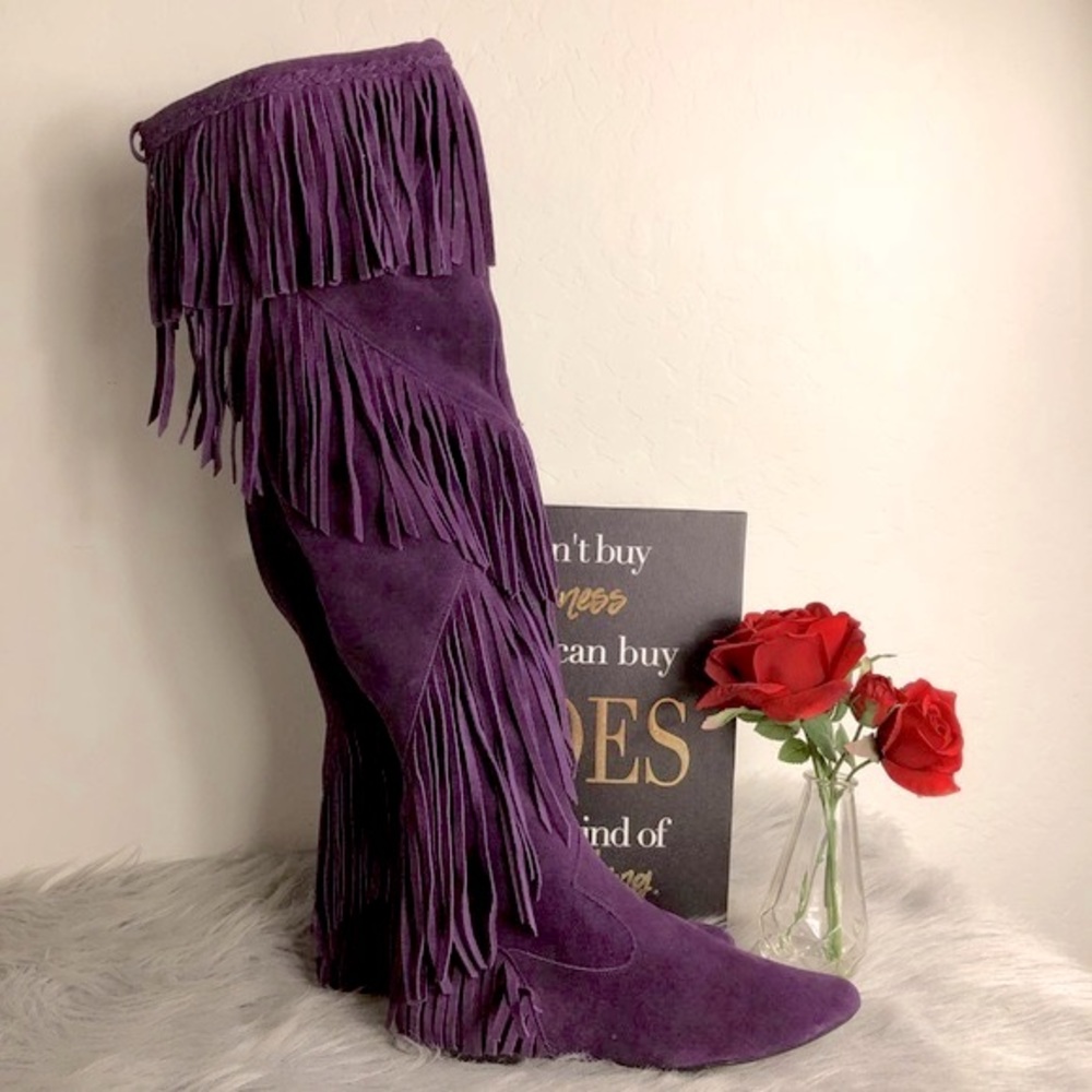 NWOB Sam Edelman Purple Suede Fringe OTK Boots, 8
